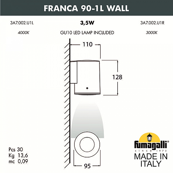 Уличный настенный светильник Fumagalli Franca 90 3A7.002.000.AXU1L